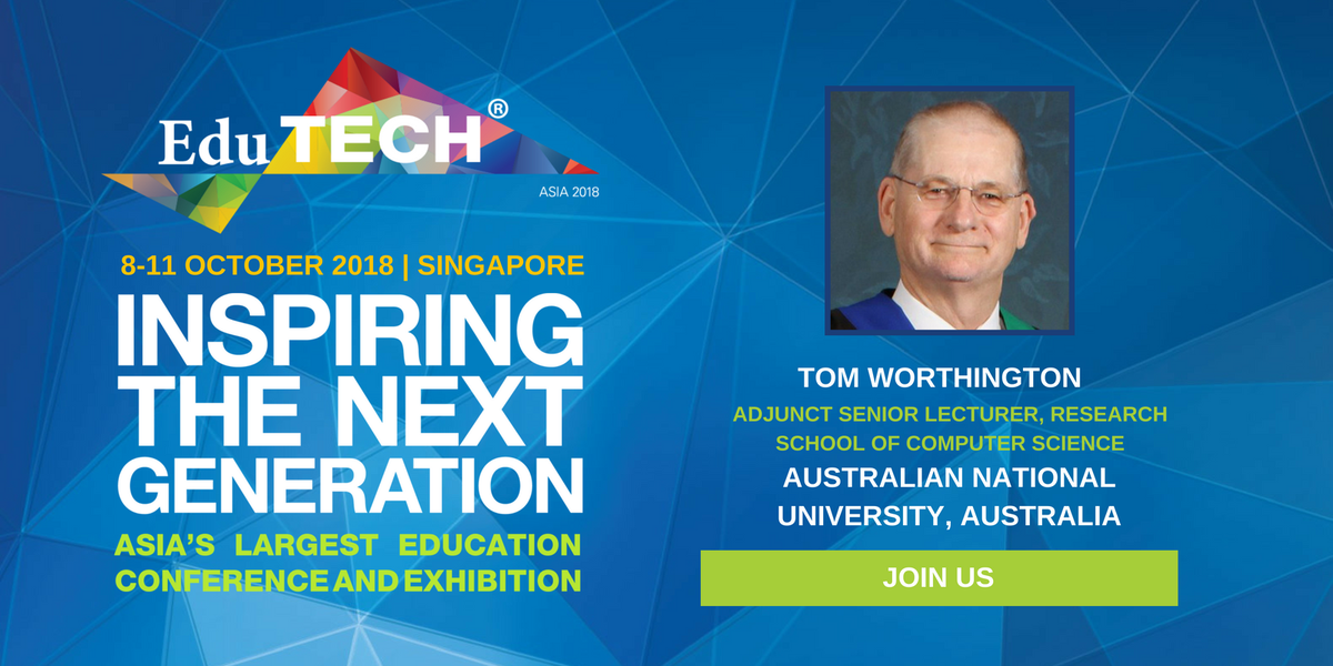 edutech_asia's tweet image. Welcoming Tom Worthington, Adjunct Senior Lecturer, Research School of Computer Science, Australian National University, Australia to lead the Roundtable: Learning to use new tech-infused #teachingspaces at #EduTECHAsia on 8-10 Oct at Suntec, 🇸🇬! More at goo.gl/HfU38f