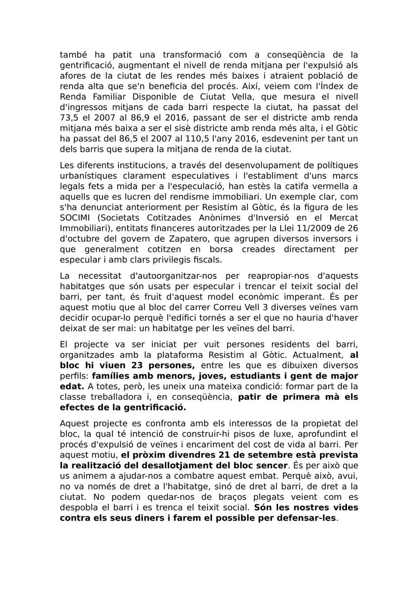 resistimalgotic's tweet photo. 📢 ALERTA DESNONAMENT 📢
El bloc alliberat al c/Correu Vell 3, @no3vell, es troba sota amenaça de desallotjament el proper divendres 21-S!
23 veïnes, 4 menors, amenaçades sense alternativa! #NoEnsFaranFora #GòticViu #DefensemElsBarris https://t.co/h7ORVEuWW2