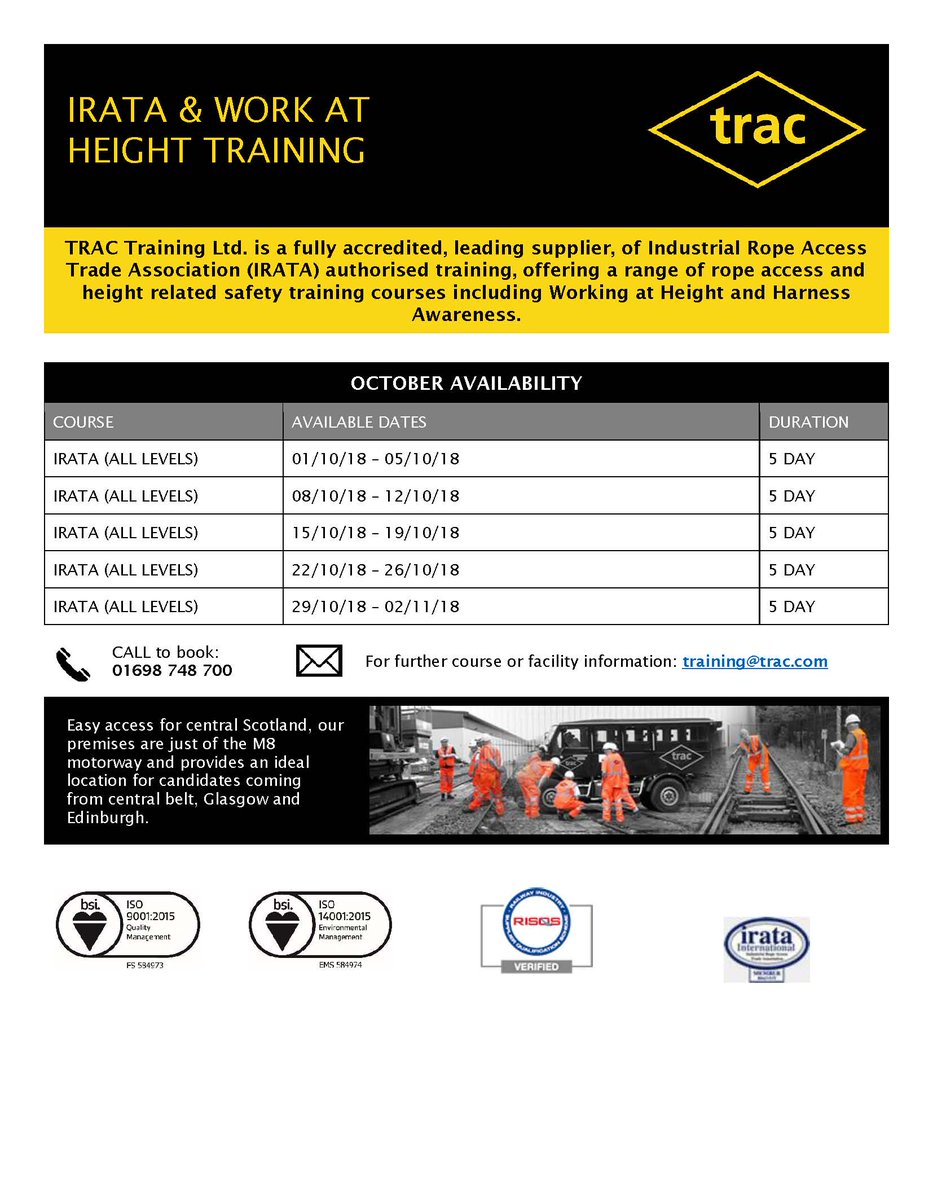 TracTrainingLtd's tweet photo. October IRATA training availability.
Give us a call on 01698 748700 if we can be of assistance. https://t.co/FbUqiaiCKp