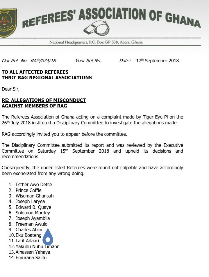 SirObed1's tweet photo. Breaking News
NOT GUILTY,GO & SIN NO MORE .
The Referees Association of Ghana after conducting further investigation into Tiger PI #N012 documentary have concluded the following Referees were found not culpable and have accordingly been exonerated from any wrong doing https://t.co/8Ff15KmpW5