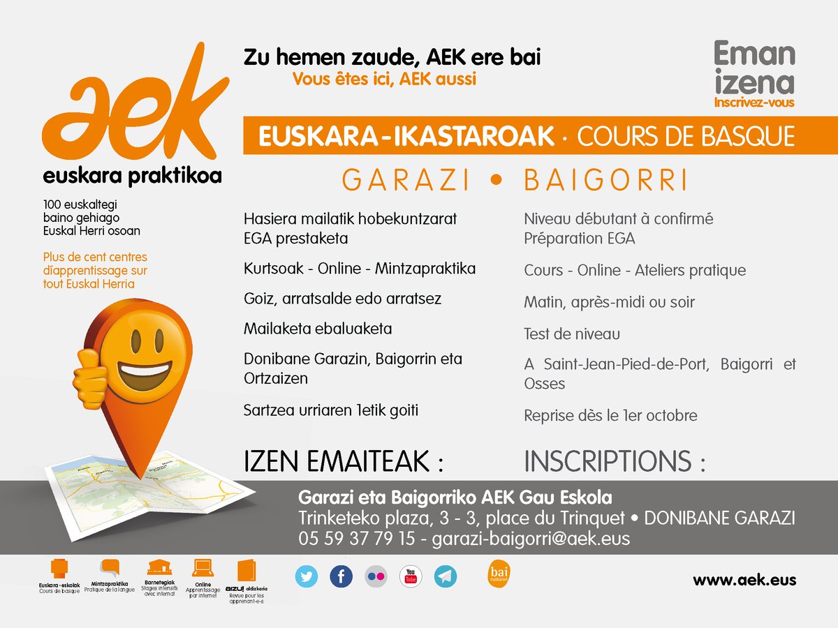 Euskara ikasteko, hobetzeko : Izena eman !
#EuskaraPraktikoa @AEK_eus 
#DonibaneGarazi #Baigorri #Ortzaize
Apprendre ou améliorer son niveau en euskara : Inscrivez-vous !