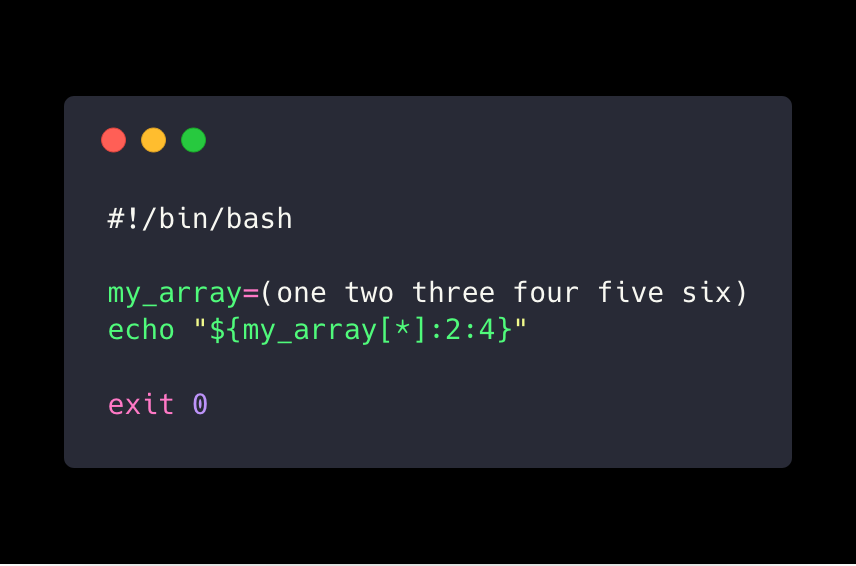 turbobureaucrat's tweet photo. You can use slices to get parts of the array in #Bash.
#MasteringBash #Shell #Linux https://t.co/W2X7ZBX6MR