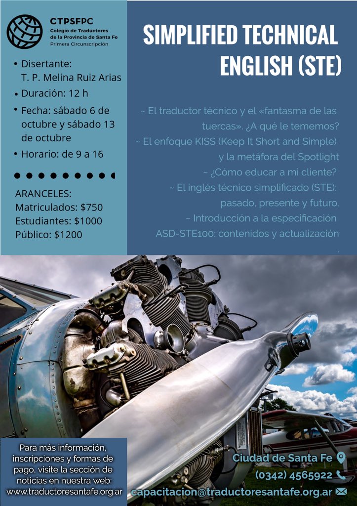 CTPSFPC's tweet image. 🛫 ¿Escuchaste hablar del #SimplifiedTechnicalEnglish (#STE)? Las grandes empresas lo están usando. El 6 y el 13 de octubre tenemos capacitación intensa sobre esto. Leé más info en traductoresantafe.org.ar/ciclo-de-capac…. ¡Anotate rápido porque esto vuela! 🛬