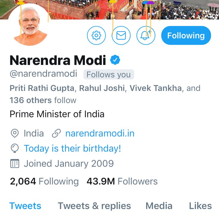 Thank you Prime Minister Shri @narendramodi for following me on your birthday. #HappyBdayPMModi