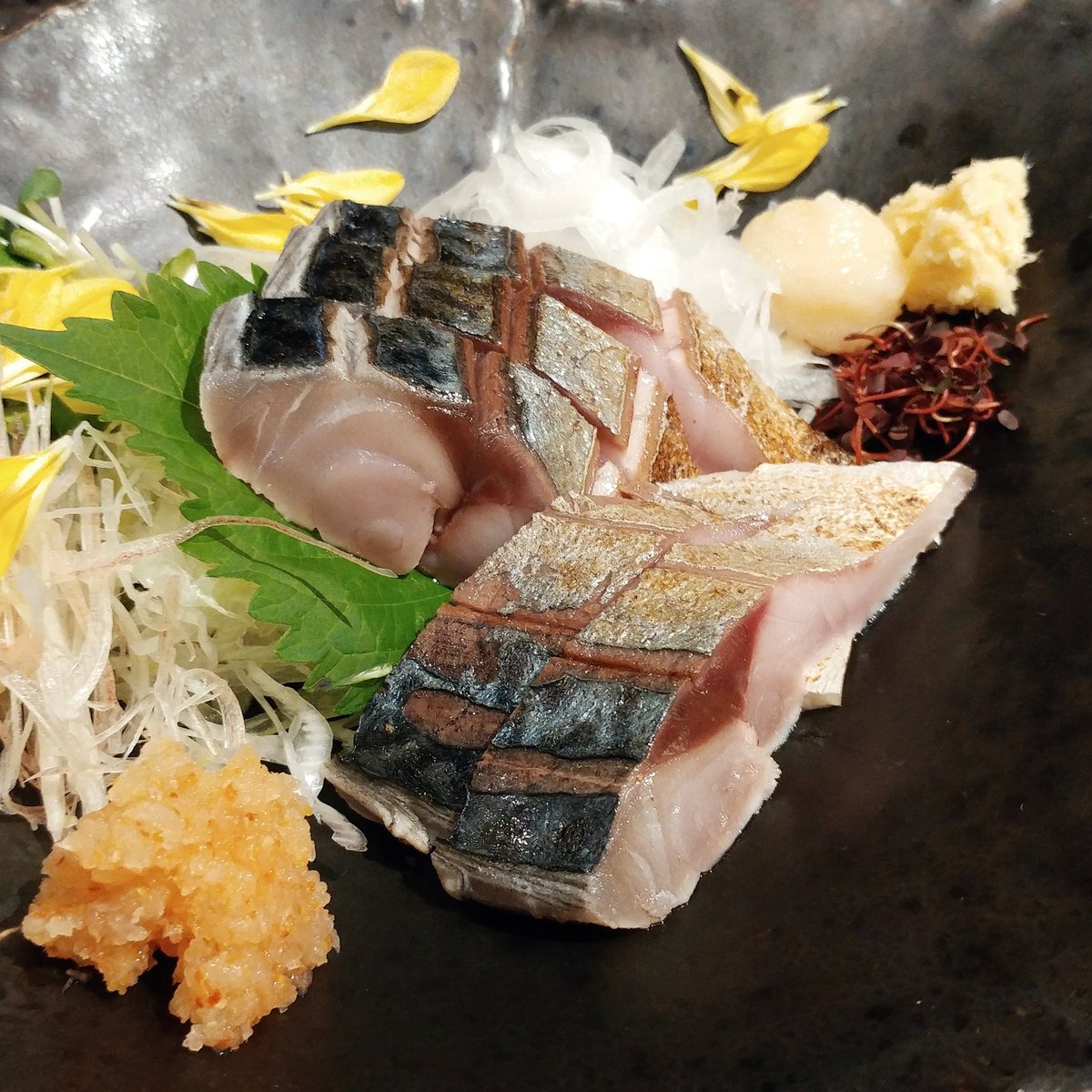 ヨロズナ 萬名 游鯏 とろ鯖のたたき 美味いサバってこんな絶品なのかよ と友人と二人して感動を噛みしめていました 鯖街道沿い出身のくせに たたき タタキ 刺し身 刺身 Tataki Sashimi とろさば とろ鯖 サバ さば 鯖 Mackerel 鯖料理