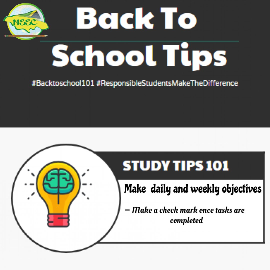 nssc_ja's tweet photo. Make daily and weekly objectives by writing them down. Ensure to display it in a place where you see it every day. This will help to keep your goals in mind.
#BackToSchool101 #ResponsibleStudentsMakeTheDifference #MakeItCount https://t.co/nUK7NQ3Kfu