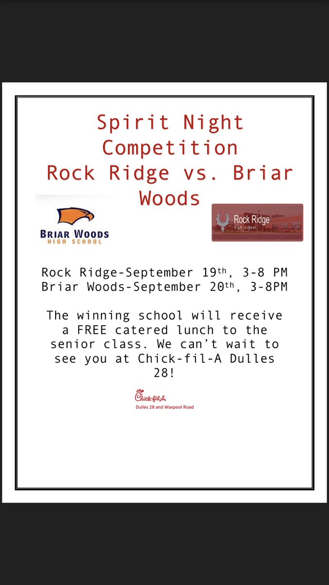 This Thursday the 20th, stop by the Dulles 28 Chic-Fil-A for Briar Woods Spirit Night!