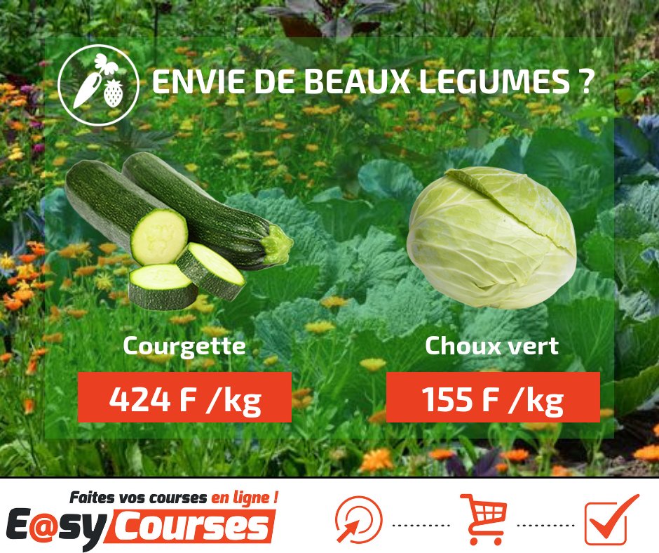 easycoursesnc's tweet photo. Envie de beaux légumes au meilleur prix livrés à la maison ou au bureau ?

- Choux vert : 155 F / Kg https://t.co/L1xolTgeRe 
- Courgettes locales : 424 F / Kg https://t.co/vKjCcqELHi https://t.co/Ro5hruHE0P