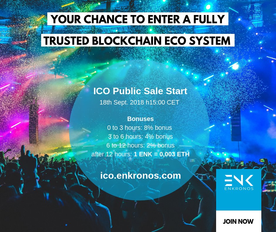 enkronos's tweet image. READY, STEADY, GO!
Tomorrow, 18. 9. at 15:00 CET we start @enkronos @ICO @PublicSale!
Bonuses for early birds:
0-3 Hours: 8% bonus 
3-6 Hours: 4% bonus
6-12 Hours: 2% bonus
12+ hours: 1ENK=0,003ETH
ico.enkronos.com
#AR #AI #IoT #blockchain #TGE #ENKronos #tokens #TokenSale