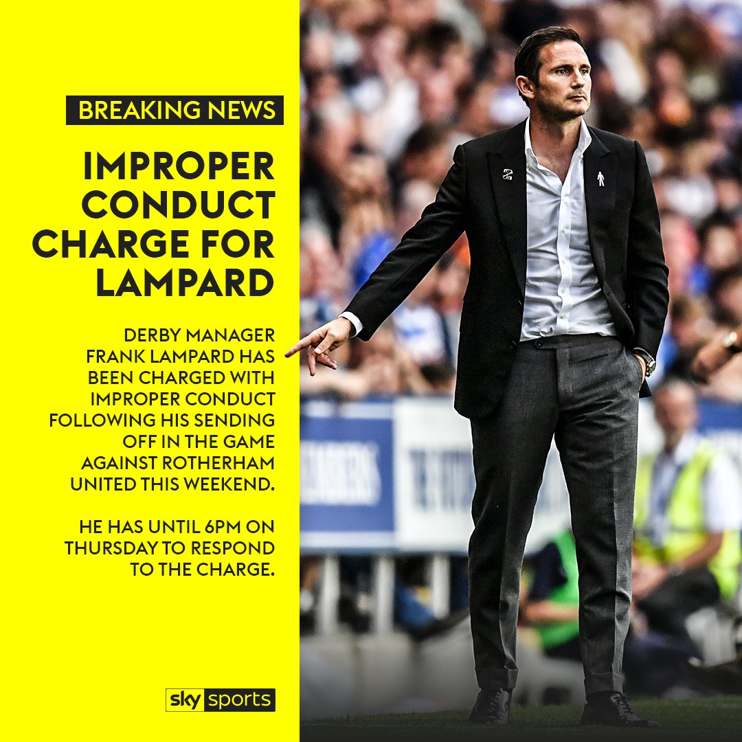 SkySportsNews's tweet photo. BREAKING: @dcfcofficial manager Frank Lampard has been charged with improper conduct after being sent off against @OfficialRUFC. https://t.co/iBbrQIwhCm