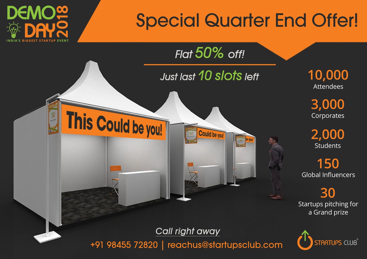 Startups_Club's tweet photo. Last 10 slots available! Book your slot today to showcase your brand at a flat 50% off to more than 10k #Entrepreneurs this #DemoDayFinale2018 happening on December 15th and 16th !

https://t.co/URnUrekvkV

#StartupsClub #BiggestStartupEvent #Networking #AssociatePartnership https://t.co/pKb7JB54ra