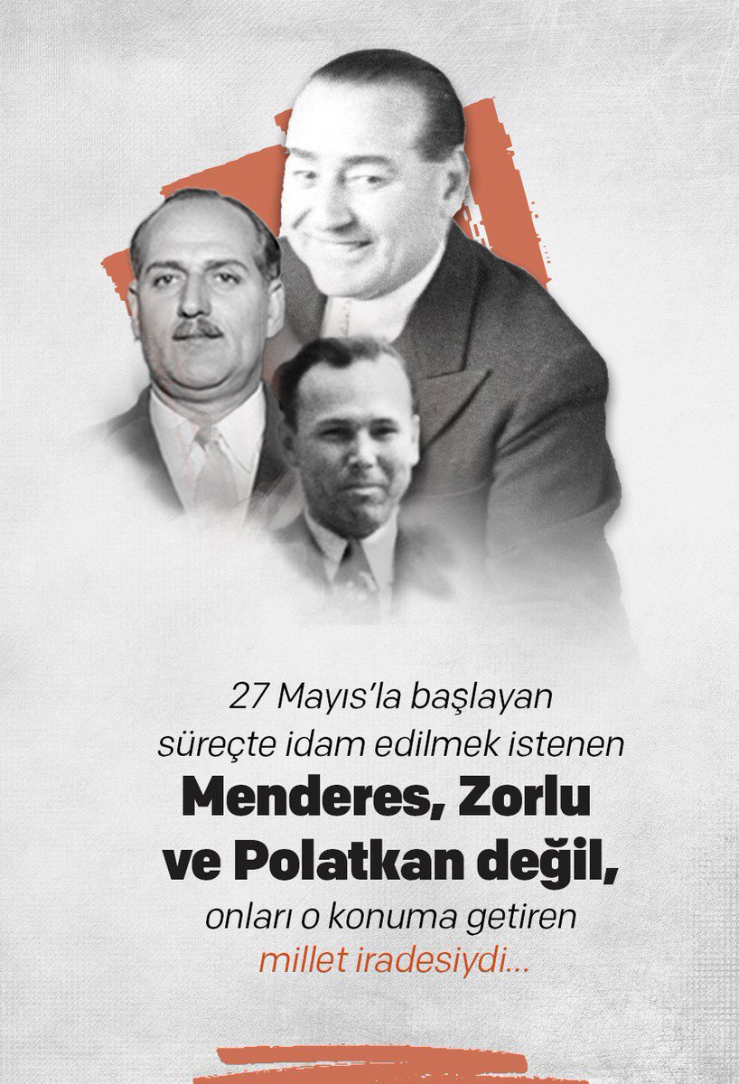 Ülkemizde demokrasinin gelişmesini sağlayan, "yeter artık söz milletindir" diyen ve bu uğurda canlarını feda eden demokrasi şehitleri merhum Adnan Menderes, Hasan Polatkan ve Fatih Rüştü Zorlu'yu idam edilişlerinin 57. yılında rahmetle anıyoruz #MilletİçinVerilenÖmür