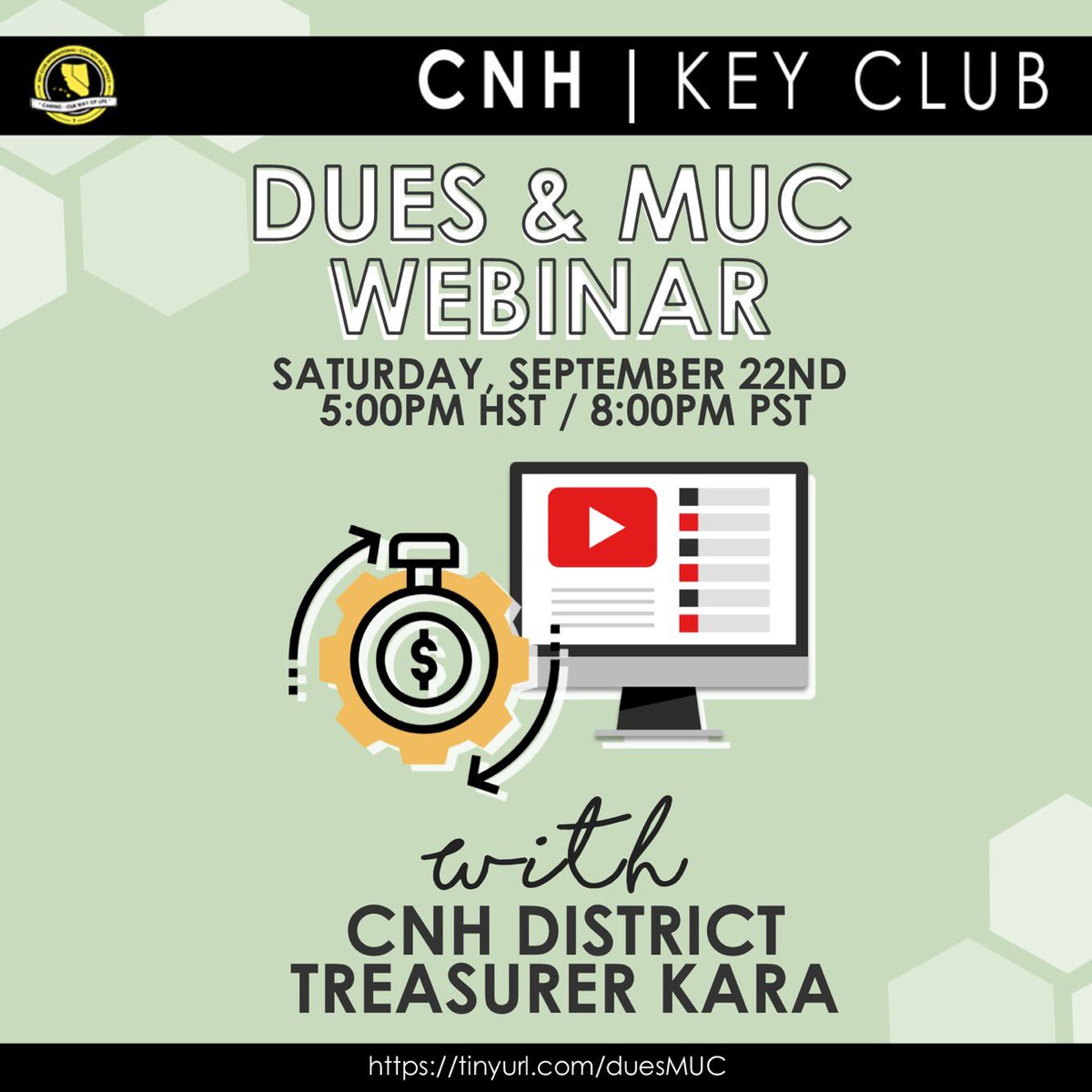 CNHKeyClub's tweet photo. Do you know how to pay your dues, navigate through the MUC, or know what your dues go towards? If not, you’re in luck! Treasurer Kara will be holding a Dues and MUC webinar this Saturday at 5pm HST/8pm PST. Use this url to attend! https://t.co/64wJV9KFCb https://t.co/Ng1TE3RnYx