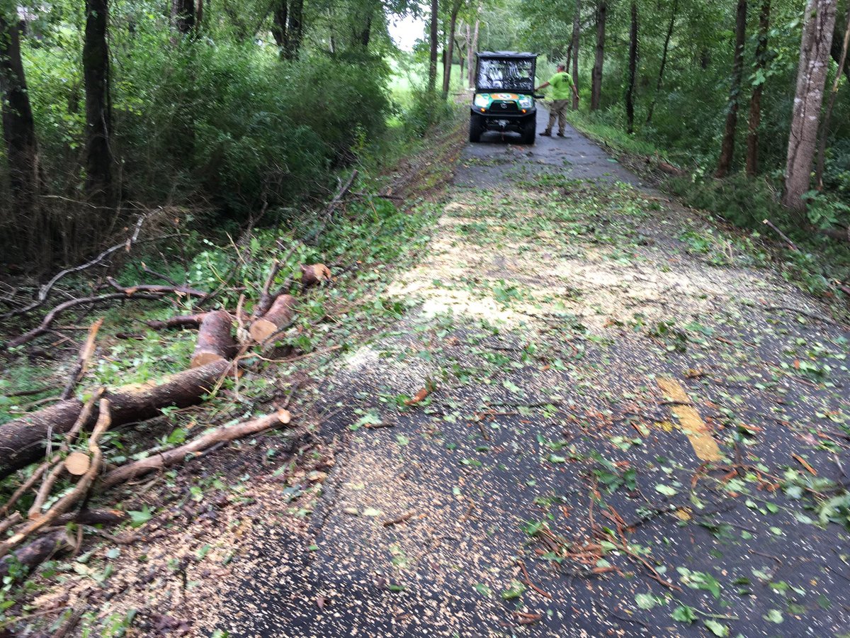 Bike riders waiting for the Greenville Rec crew to clear a downed tree this morning on the GHS Swamp Rabbit Trail. Thanks for keeping the trail safe and open after #Florence.