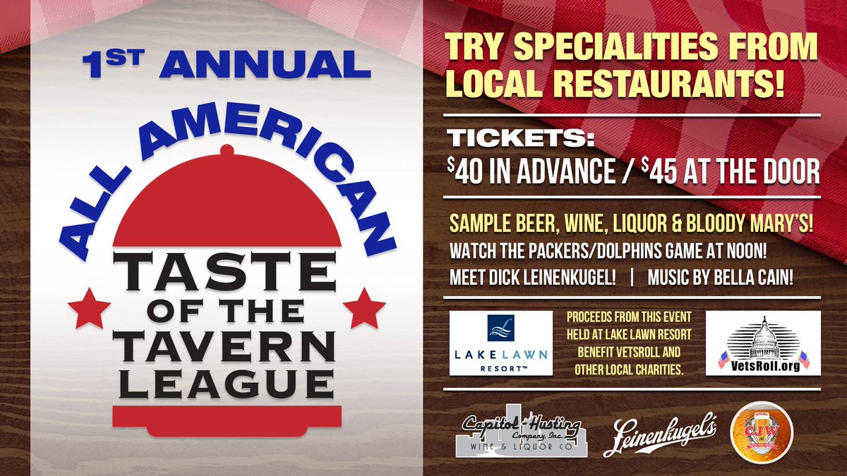 TavernLeague's tweet photo. WCTL's 1st Annual All American Taste of the Tavern League! Tickets available now, online or at your fave local tavern league establishment. @LakeLawnResort @DickLeinie @BellaCainBand @VETSROLLorg #veteransday #foodies #beer #bloodymarys
https://t.co/S0dQtaMTCD https://t.co/Nq8mRVBr97