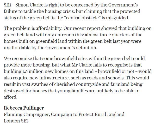 'Claiming that the protected status of the green belt is the “central obstacle” [to tackling housing crisis] is misguided. The problem is affordability - and building on the Green Belt will only entrench this' - Our letter in <a href="/Telegraph/">The Telegraph</a> telegraph.co.uk/opinion/2018/0…