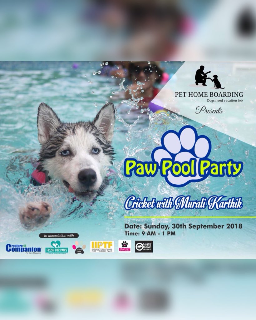 ash8180's tweet photo. @FireIridium 

PET HOME BOARDING POOL PARTY 3
First time ever Dog lovers and Cricket lovers coming together to Party!

Highlight of the party “MURALI KARTIK”

10 ppl will be chosen from lucky draw and will get an opportunity to play Cricket with “Murali Kartik” followed by POOL🐶 https://t.co/aZBFMyfcTE