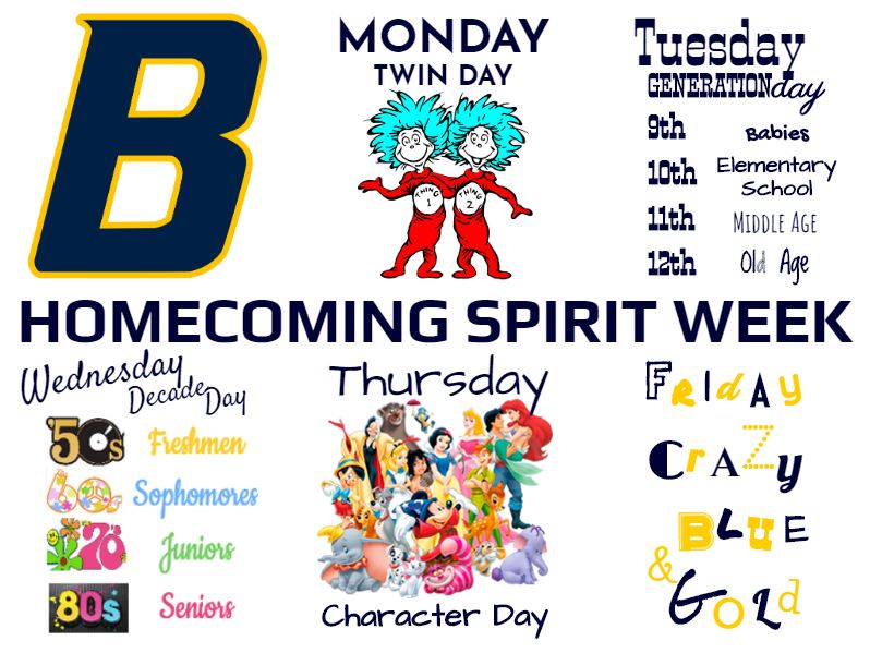 Buckhorn_High's tweet photo. Homecoming Spirit Week, 10/15-10/19 
M-10/15, Blue&amp;Gold Basketball (4th)
T-10/16, Student/Teacher Softball (4th)
W-10/17, Powder Puff Football (2nd)
TH-10/18, Talent Show (2nd); Community Pep Rally (6pm)
F-10/19, Pep Rally (3pm); Bucks vs Lee (7pm)
S-10/20, Dance (7-11pm) https://t.co/ljmBDw21zH