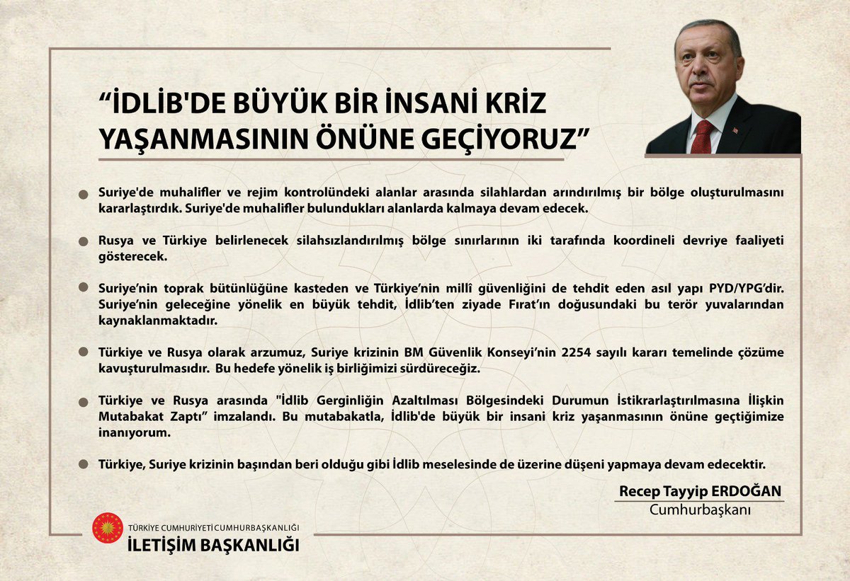 Türkiye ve Rusya arasında "İdlib Gerginliğin Azaltılması Bölgesindeki Durumun İstikrarlaştırılmasına İlişkin Mutabakat Zaptı" imzalandı.

Cumhurbaşkanı @RT_Erdogan: Bu mutabakatla İdlib'de büyük bir insani kriz yaşanmasının önüne geçtiğimize inanıyorum.