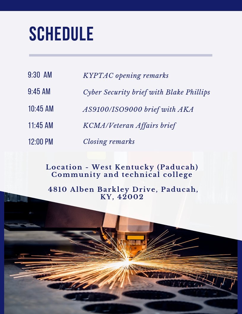 kyaerospace's tweet photo. Next week's #Cyber #Security and #Quality #Management Workshop will take place next week @KCTCS Western Kentucky campus in Paducah on September 26th! sign up now! https://t.co/GVU62GSxHz https://t.co/dRuqIW70EB