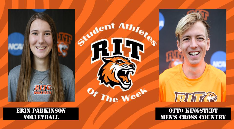 RITathletics's tweet photo. Congratulations to the Student Athletes of the Week, Erin Parkinson @RITWVBALL and Otto Kingstedt @RITTFXC. Congrats Tigers keep up the great work! #GoTigers #RITNews #TigerPride https://t.co/MYV6A3sZO2
