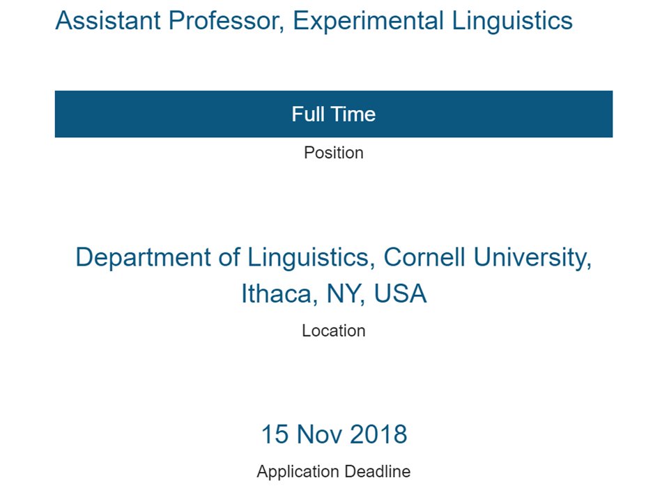 Languages_MDPI's tweet image. The Department of #Linguistics at @Cornell invites applications for a tenure-track faculty position at the rank of Assistant Professor in #experimentallinguistics beginning 1 July 2019‼️

Application Deadline: 15 November 2018 🗓️
+ Info: mdpi.com/journal/langua…
