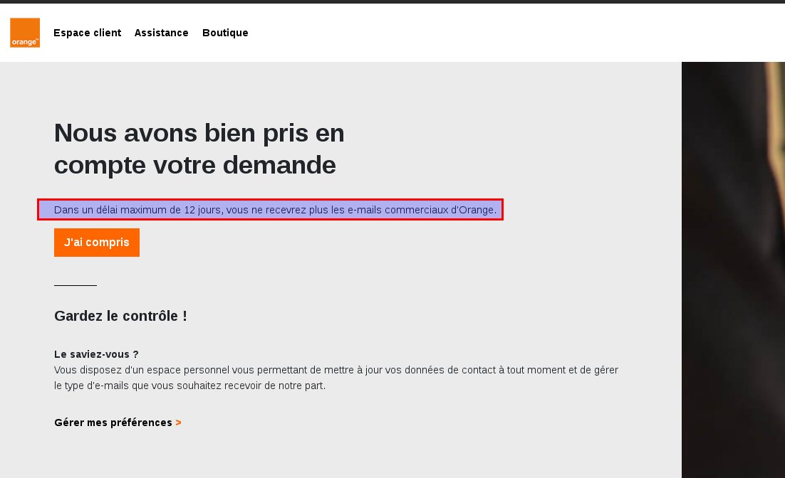 Non mais vous êtes sérieux <a href="/Orange_France/">Orange France</a> ? 12 jours pour me soulager de votre SPAM, les API c'est trop dur pour vous ? Va vraiment falloir que cela passe par une personne humaine ?!?
