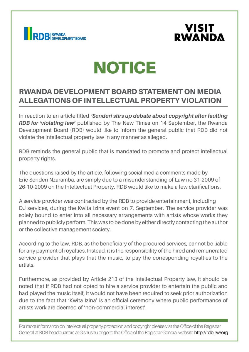 Rwanda Development Board Statement Following An Article Titled Senderi Stirs Up Debate About Copyright After Faulting Rdb For Violating Law Published By The New Times On 14 Sept Rdb Would