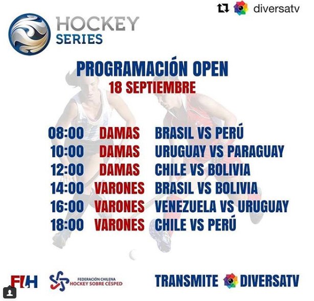 ¡Hockey Internacional! Nuestras selecciones del <a href="/HockeyChileDam/">Hockey Chile Damas</a> y <a href="/ChileHockeyV/">Chile Hockey Varones</a> jugarán entre el 18 y el 23 de septiembre el Hockey Series Open en el <a href="/CountryClubcl/">PWCC Chile</a> Te dejamos el programa de la 1era jornada ¡Asiste! #ChileCompite <a href="/Ccaram13/">Camila Caram</a>