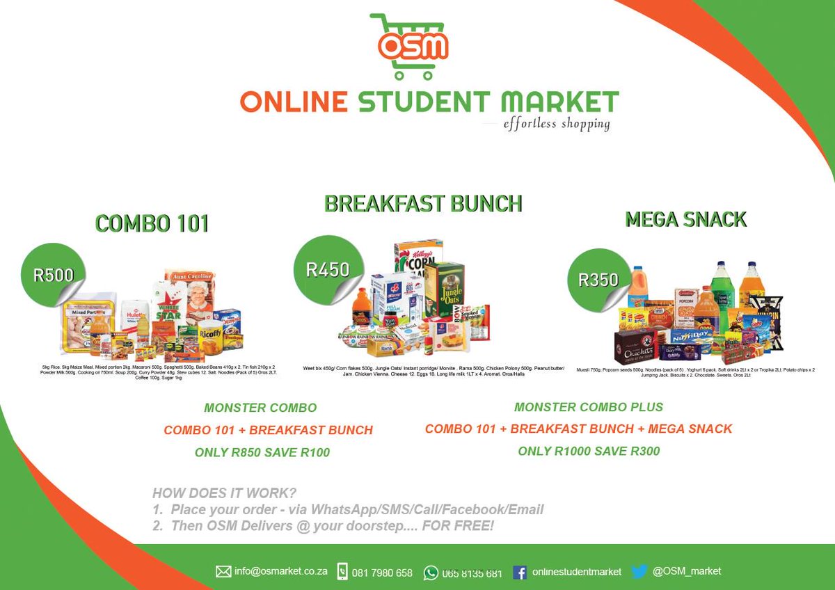 OSM_Shopping's tweet image. Hi Twitter

We are a 100% black-youth owned online grocery shopping platform for students and everyone in need of our service. We offer a range of grocery combos tailored to the majority of South Africans' daily needs and we deliver to their doorsteps FREE of charge.

Please RT