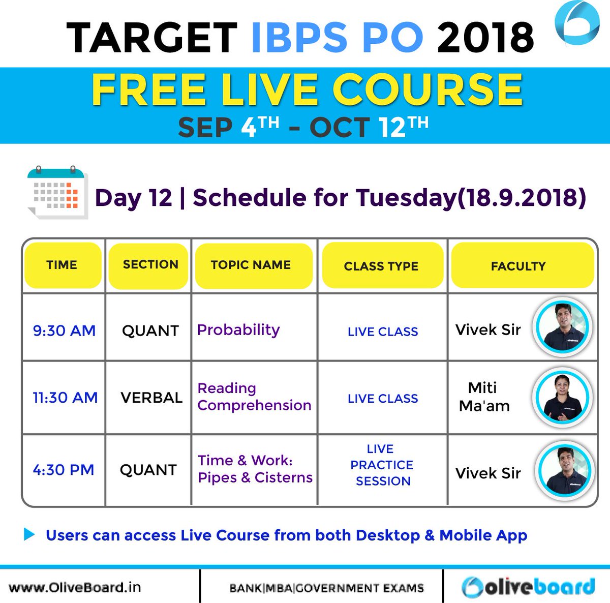 Oliveboard's tweet photo. IBPS PO 2018 | Day 12: Tomorrow's(Tuesday) Live Course Schedule. #LearnWithOliveboard

Click here to Start Learning for FREE: https://t.co/Fv43m2CdBc

#LiveCourse #IBPSPO #IBPSPO2018 #Oliveboard #Schedule https://t.co/iG06jAmlVu