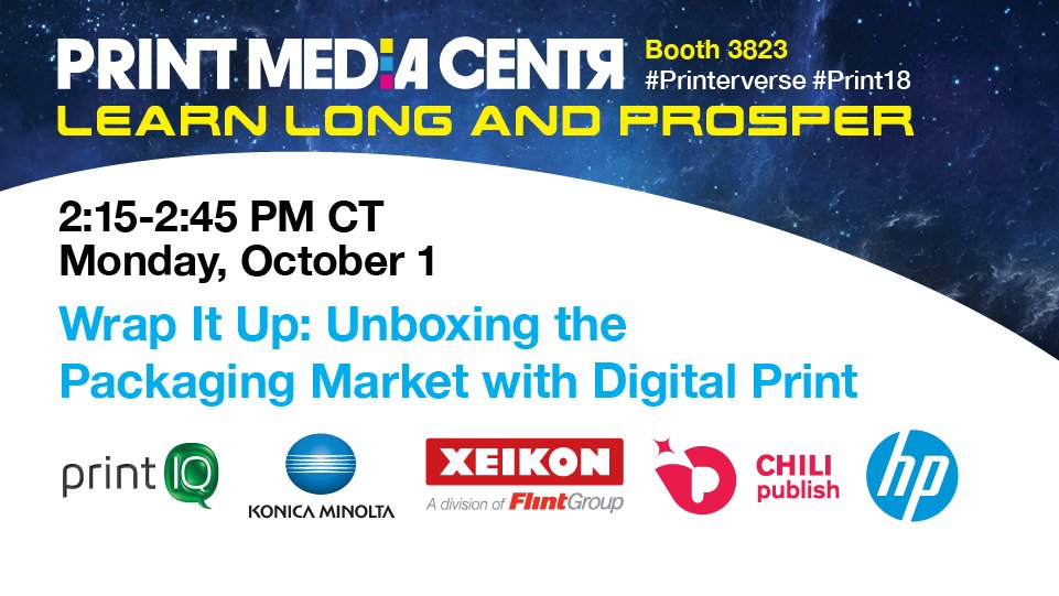 PrintMediaCentr's tweet photo. Learn about the opportunity for commercial printers to succeed in digital packaging from @KonicaMinoltaUS @Xeikon @PrintIQglobal @CHILI_publish and @HPGraphicArts at this panel in the #Printerverse at #PRINT18. https://t.co/WS2EtaKSoW https://t.co/838BctLWLJ