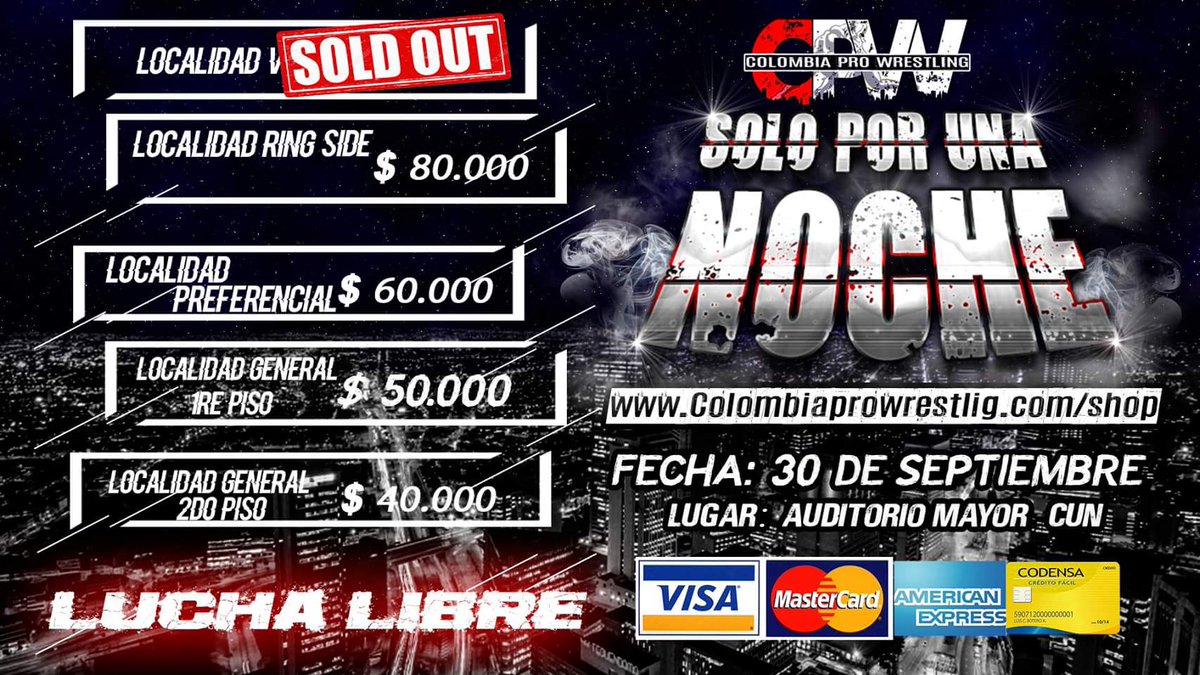 ColombiaProWres's tweet photo. La cuenta regresiva sigue, 13 días para el mega evento del año en Colombia, ¡Solo por una noche! #SPUN2018 Carlito, sabu, super crazy, Santana Garrett y más... #CPW ¡Solo los mejores! #YOSOYCPW https://t.co/rS9BXKZcyH