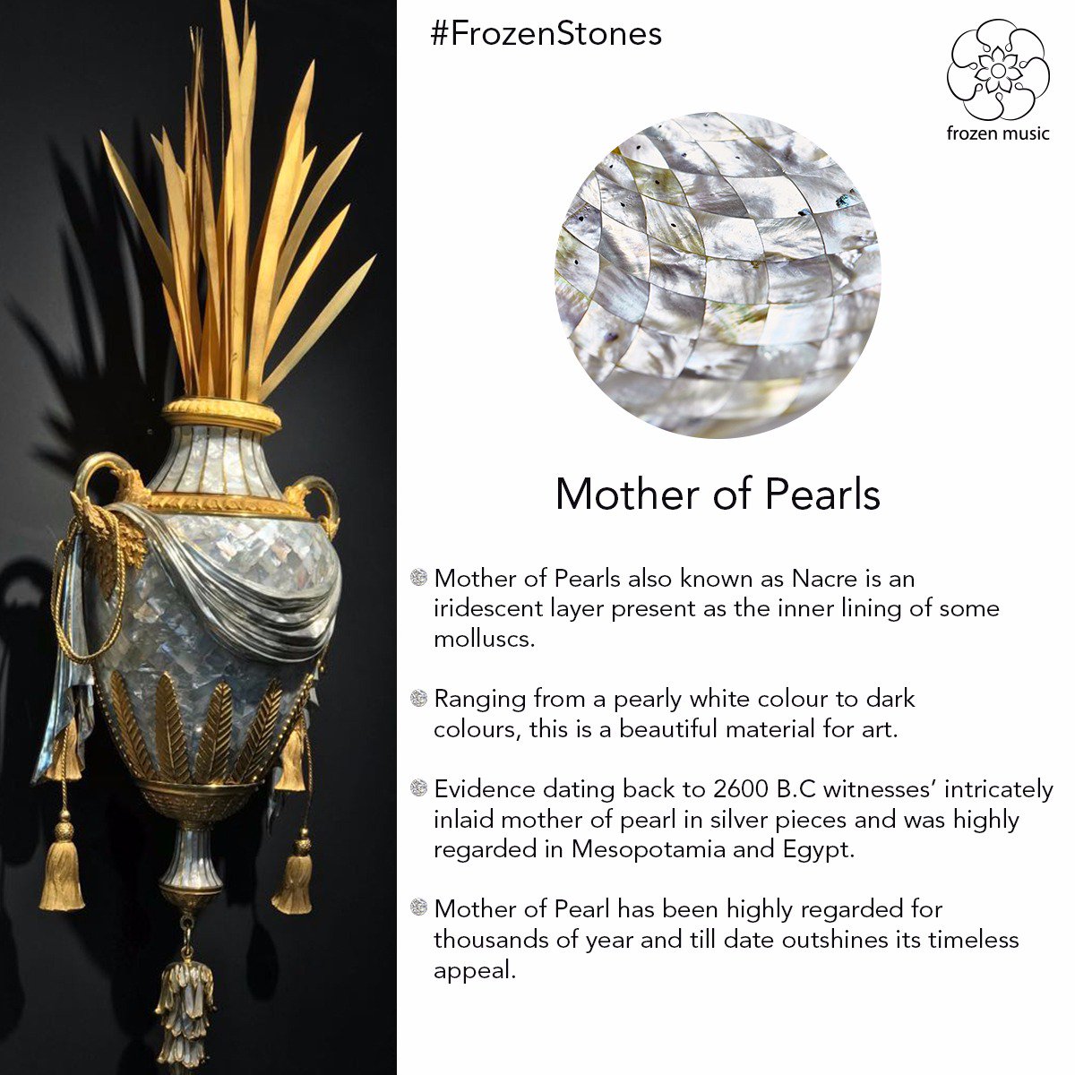 _frozen_music's tweet photo. In the history, many civilizations have given little importance to pearls and instead valued the shimmering shells of the oyster for its beauty and radiating charm! 
Let us know more about Nacre a.k.a the Mother of Pearls. 
#FrozenStones #MondayMotivation https://t.co/Wi8oVfz2yb