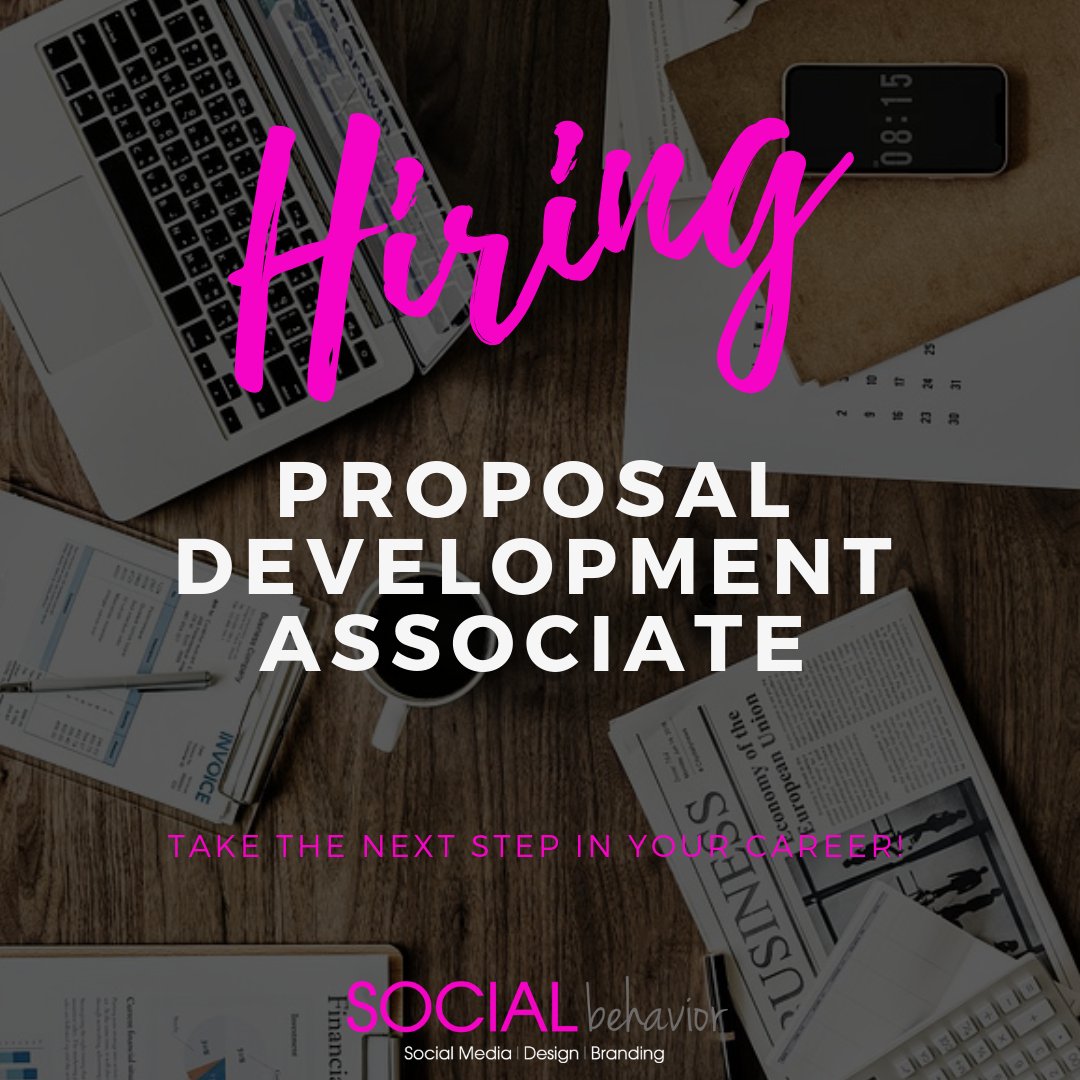 SocialBehavior_'s tweet photo. Another awesome #Houston job alert ๐ผ!
We're adding a Proposal Development Associate to the team. If you're experienced writing โ proposals for #SocialMedia specific projects, we need you on our team โผ Apply: https://t.co/4WQfXBn7j9 #houstonjobs #Houstonjob #houstonmarketing https://t.co/qeTJZt8200