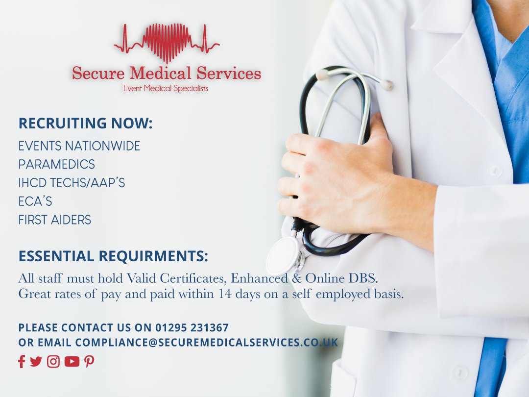 SecureMed_Ltd's tweet photo. Recruiting now:
Events Nationwide
Paramedics
IHCD Techs/AAP's
ECA's
First Aiders
Call us on 01295 231367.
Visit our website https://t.co/uWQg1sPp8Z.

#securemedical #medicalservices #medicalassistant #eventservices #publicevent #privatefunction #medicalmission https://t.co/u4T2lQckXt
