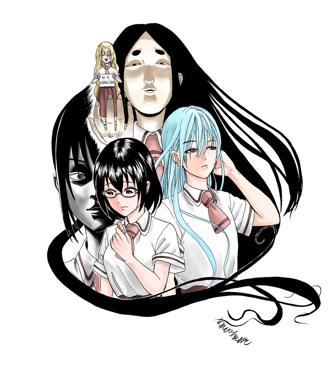承太郎の真似をする華子とその後ろで偶然にもスタンドっぽくいる前多 あそびあそば 吉野のイラスト