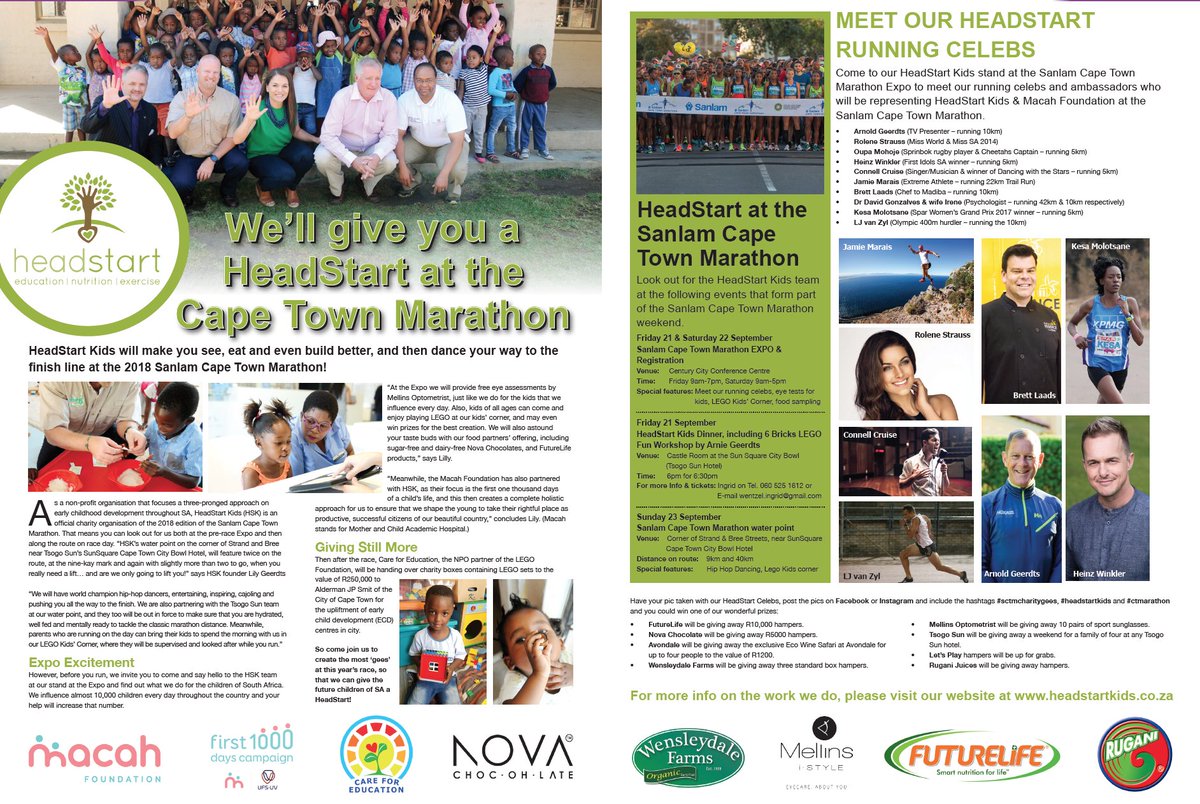 HeadStartKidsSA's tweet photo. Cape Town Marathon, here we come! So excited to be cheering on our runners with our wonderful partners - all in support of #HeadStartKids! @RoleneStrauss @heinzwinckler @connellcruise @jamiemarais @ljvanzyl #SCTMgees #SCTMcharity #SunSquareCB @CTMarathon https://t.co/ce4RkyLDsz