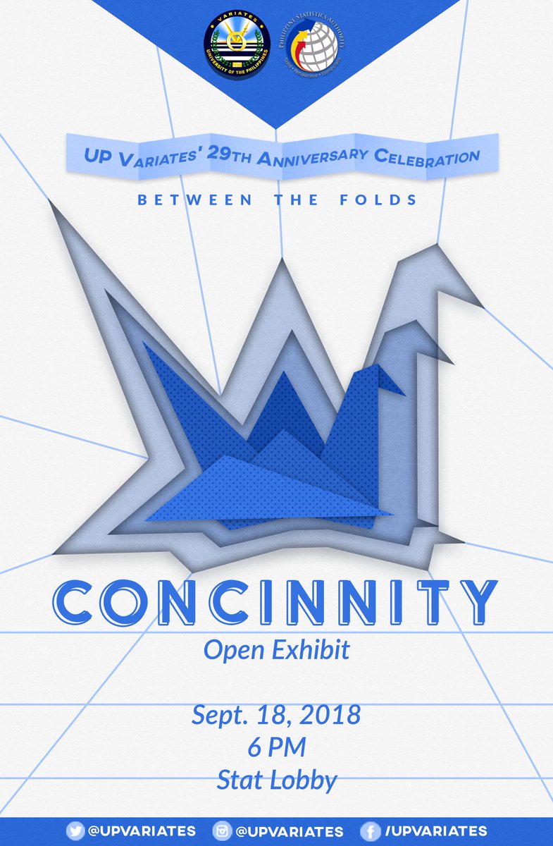UPVariates's tweet photo. UP Variates' anniversary week is here!
Join us in
Concinnity: The Exhibit Opening
Sept. 18, 2018
6 PM
Stat Lobby
as we kick off our 29th Anniversary Celebration, and venture between the folds!
See you there!
#UPV29
#BetweenTheFolds https://t.co/LY0QzFn9Cd