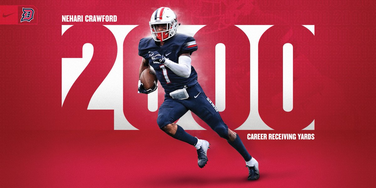 DuqFB's tweet photo. After racking up a career-high 223 receiving yards in Saturday's win over Dayton, Nehari Crawford is now over 2,000 yards for his career! #GoDukes https://t.co/DfBIExvwPZ