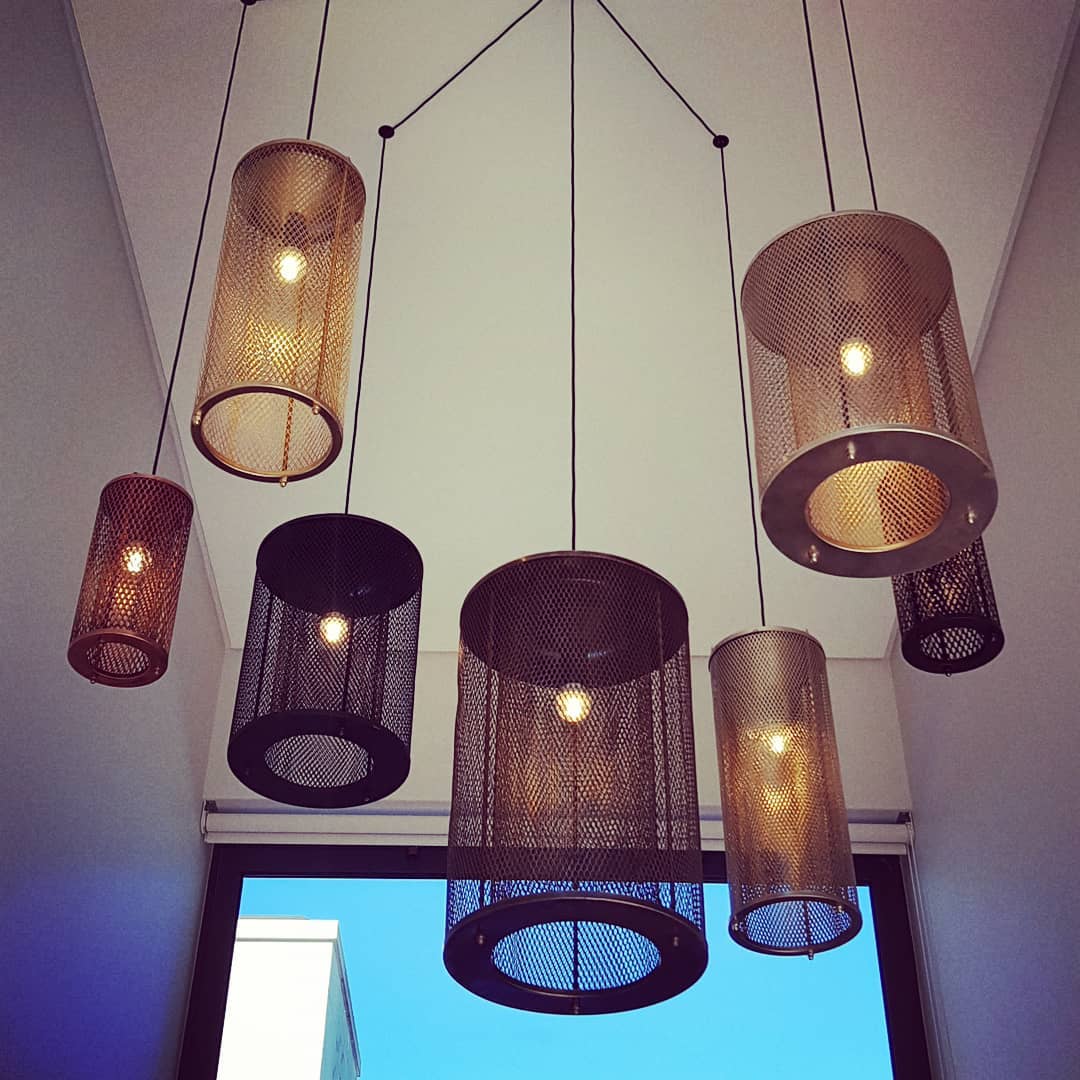 wakaNINE's tweet image. Here is proof that mixed metallics DO go well together. Stephen Pikus Design&apos;s TRuK fixtures hanging beautifully together... made from upcycled air filters from diesel trucks. #wakanine #industriallighting #recycleddesign