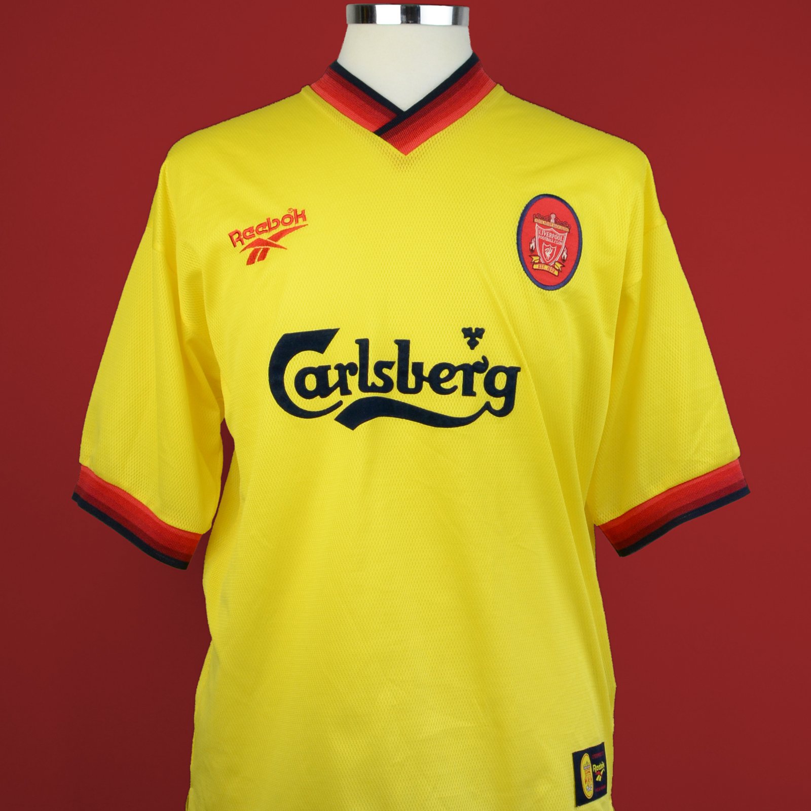 Vintage Reebok Liverpool Away Carlsberg Yellow 1997 Football Shirt