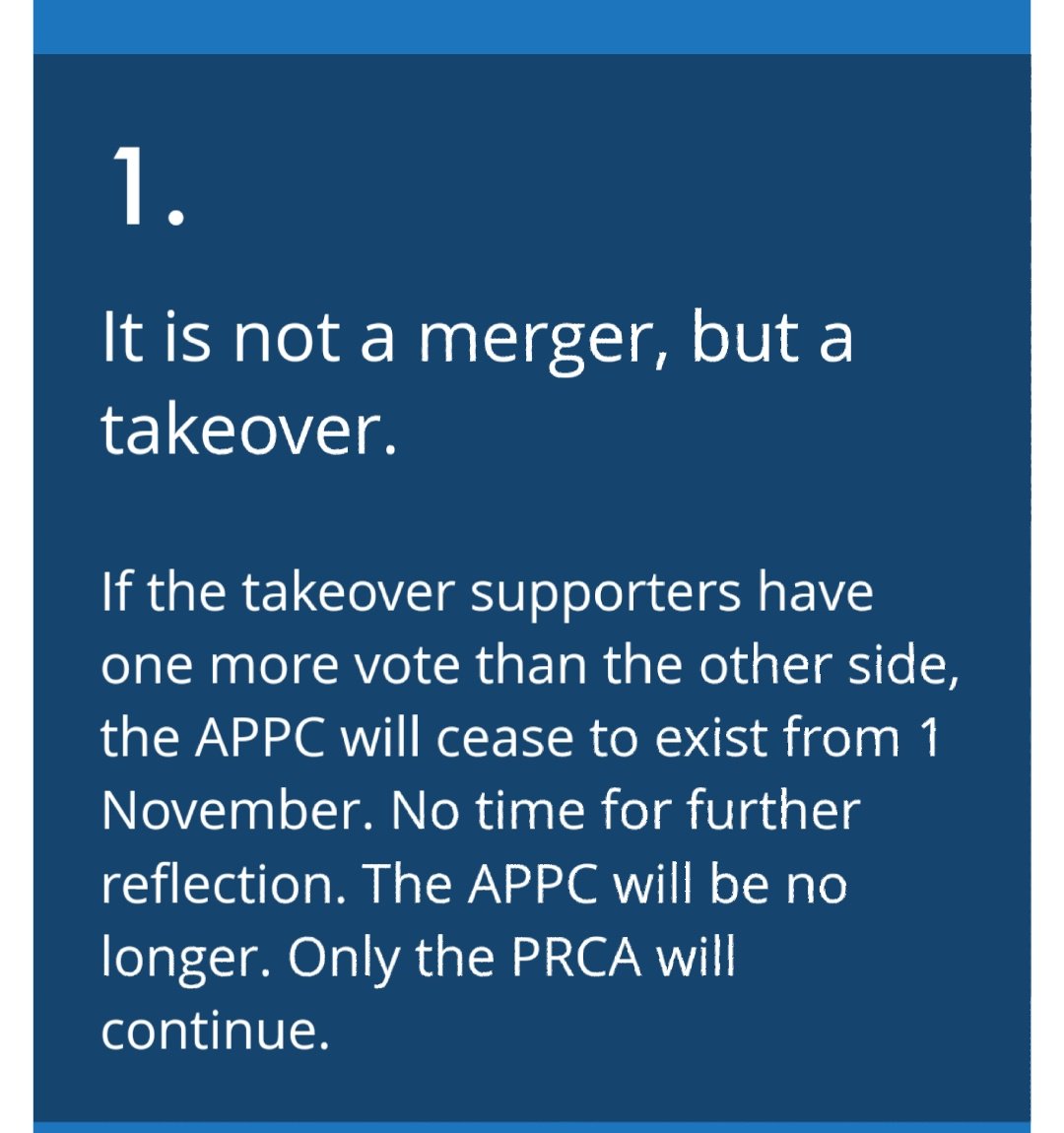 IndependentAPPC's tweet image. Reason number 1 why you should vote against the PRCA takeover of the APPC. It&apos;s not a merger