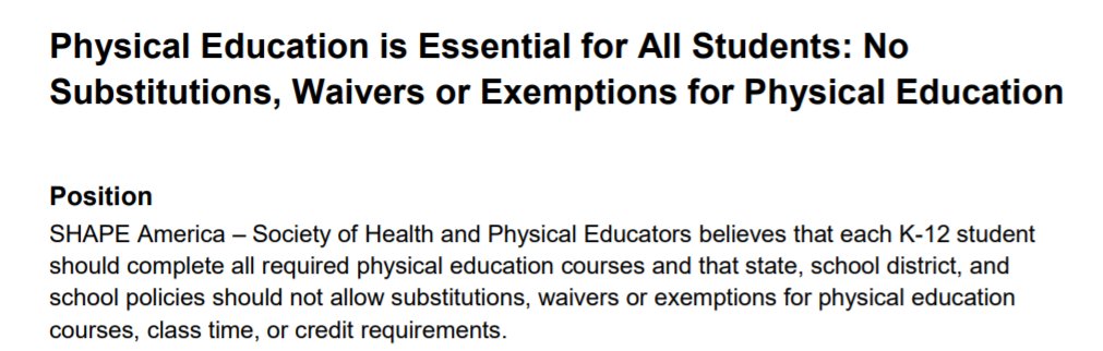 ‼️We have released an updated position statement ‼️ 

"Physical Education is Essential for All Students: No Substitutions, Waivers or Exemptions for Physical Education"

Check it out: bit.ly/2QCEHnx