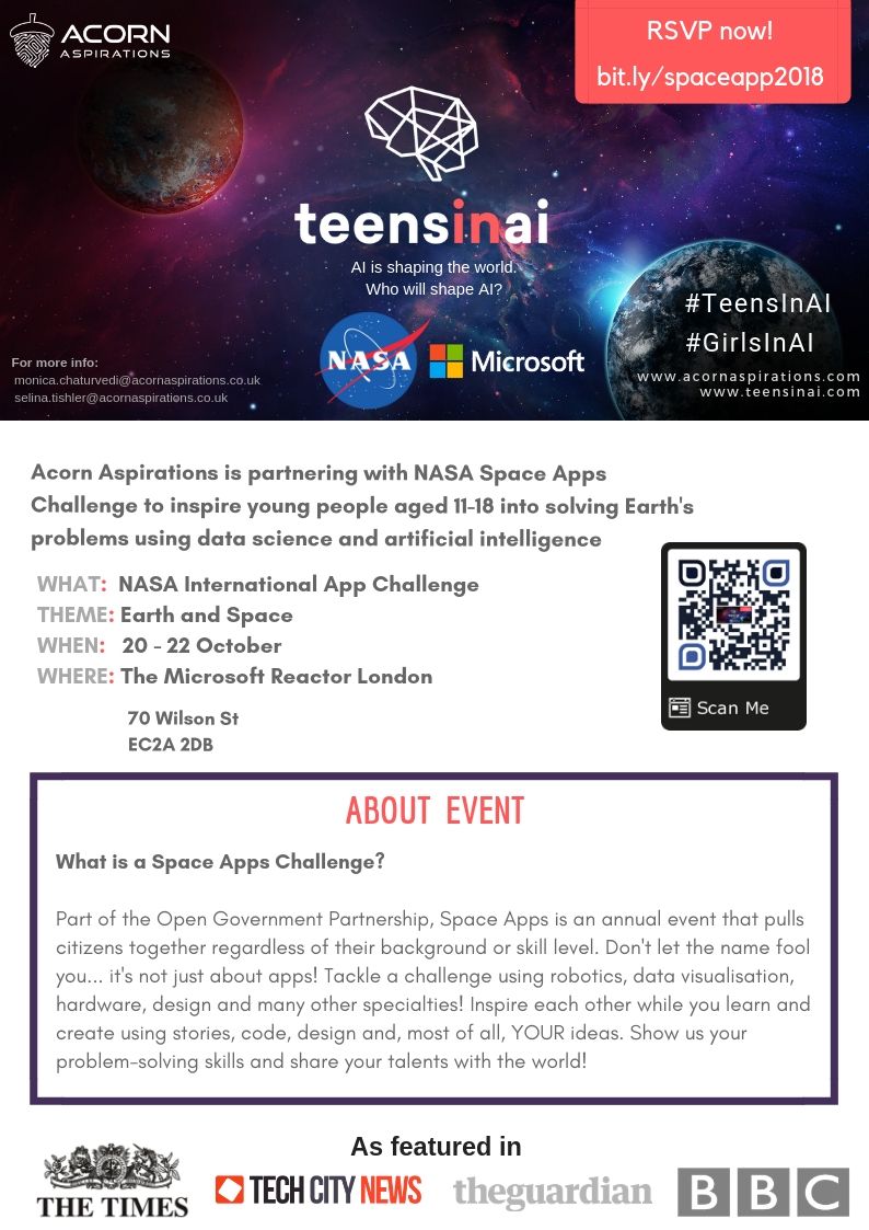 AcornAspiration's tweet photo. Are you excited for our @NASA Space hack coming up this October? We certainly are! Sign up here as participant, tech mentor, or design thinker: https://t.co/a3oE4bJuAD
#TeensInAI
@TeensInAI
#NASA
#SpaceAppChallenge
#SpaceApp2018
@SpaceApps https://t.co/Got5vQrXr6