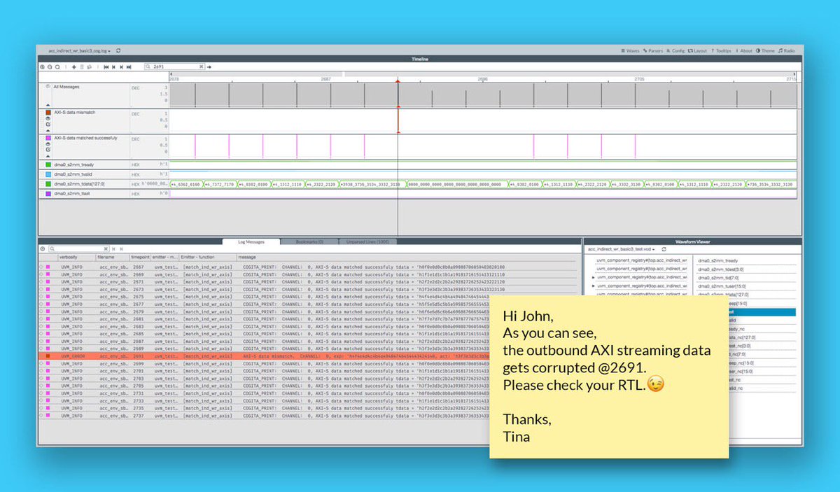 _Vtool's tweet photo. Reporting a bug to the designer was never so easy as with #Cogita.
Error messages &amp; signals from the waves in the same view. 
A picture is worth a thousand words.

Get to know Cogita >> https://t.co/n56ejj0ttI

#semieda #verification #rtl #debug https://t.co/qszrAYTDTz