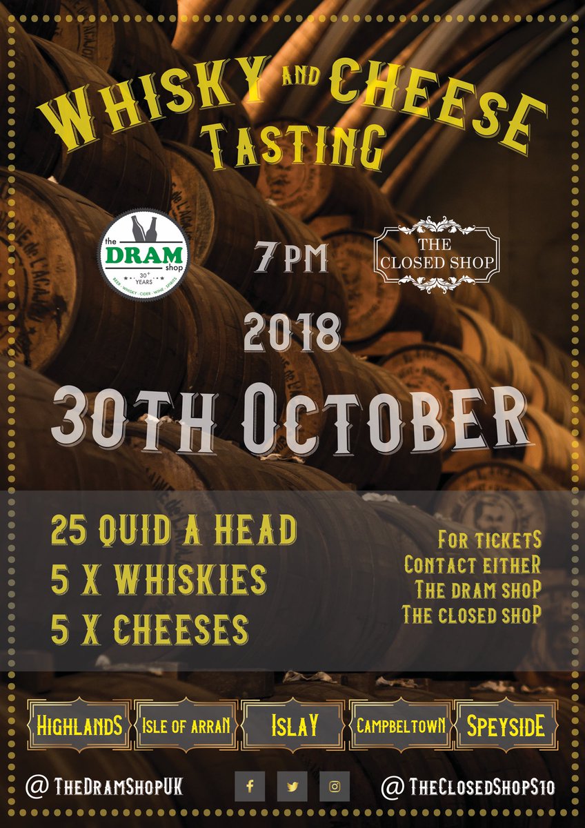 Here's a link to the #whisky and cheese evening via Facebook, tickets available in store through us or <a href="/TheClosedShop10/">The Closed Shop</a> 🥃👇🏻🥃👇🏻🥃

facebook.com/events/4860641…