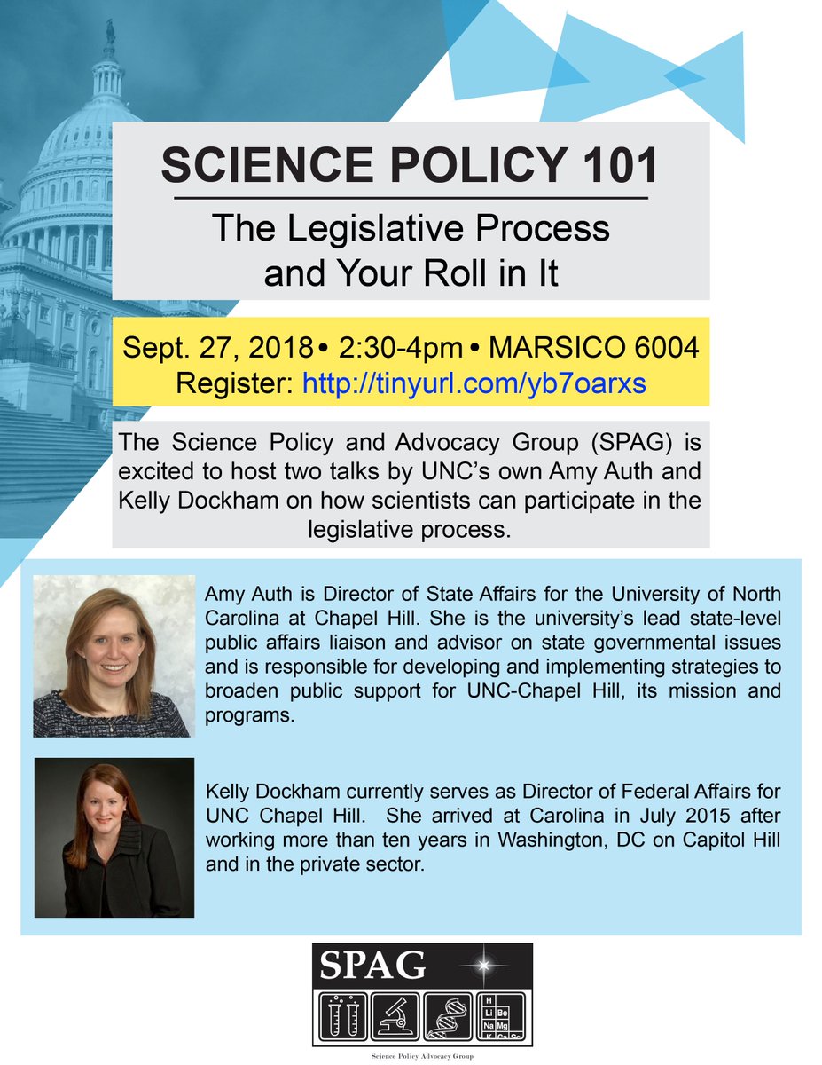 UNC_SPAG's tweet image. We&apos;ve got a couple of great talks coming up next week! Join us for Science Policy 101 to learn about the legislative process and how scientists can get more involved. Register at tinyurl.com/yb7oarxs