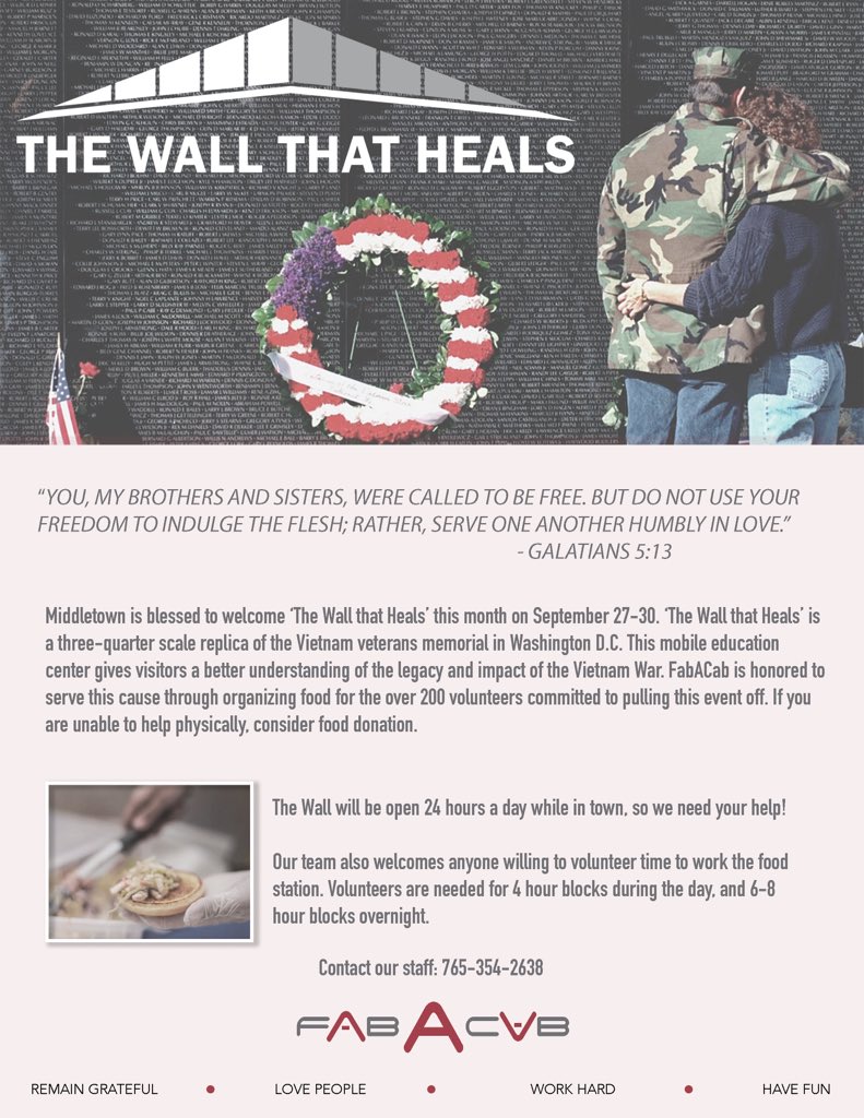 The Wall That Heals is coming to Middletown! If you feel compelled to donate finger food snacks or would like to volunteer, then please contact our office.