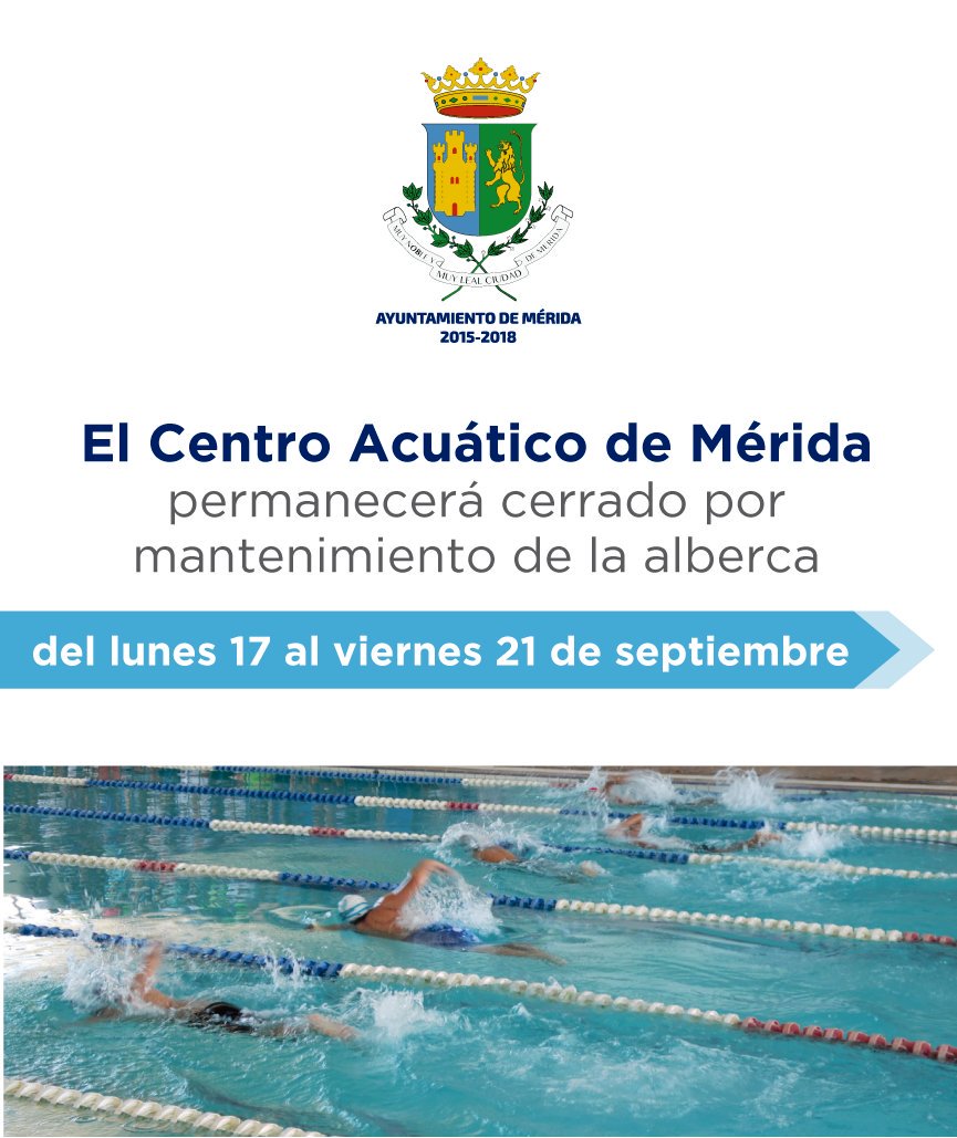 DeportesMerida_'s tweet photo. #AyuntaInforma por servicio de mantenimiento a la alberca, el Centro Acuático de Mérida permanecerá cerrado de lunes 17 al viernes 21 de septiembre. https://t.co/pVdRSd24VS